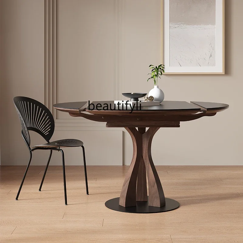 Black walnut retractable round retro square and round dual-purpose solid wood rock slab dining table