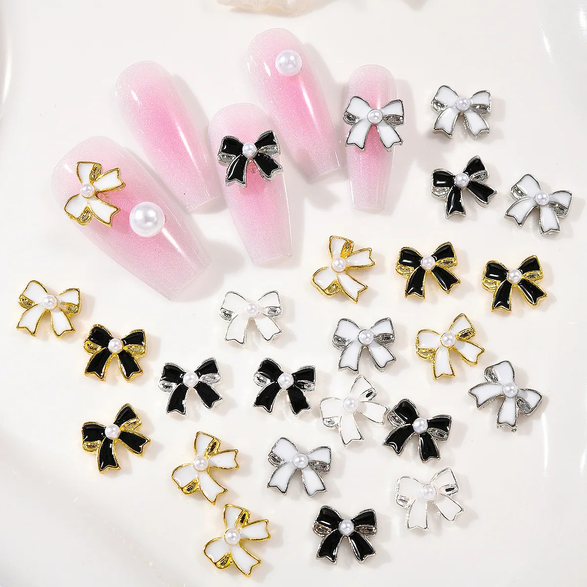 

Elegant and Simple: 20pcs Black and White French Style Rhinestone Butterfly Nail Art Decorations