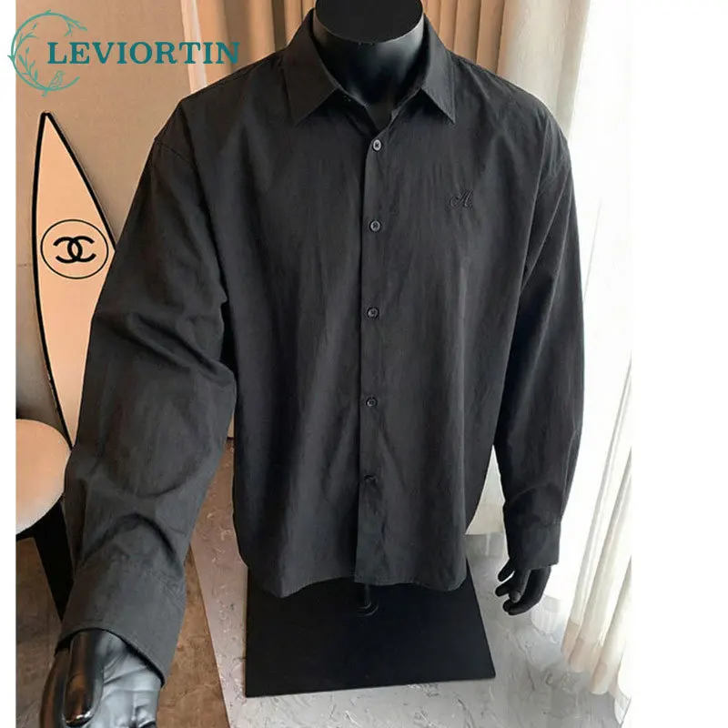 American versatile casual solid color simple long sleeved shirt men's spring natural wrinkle letter embroidery loose shirt