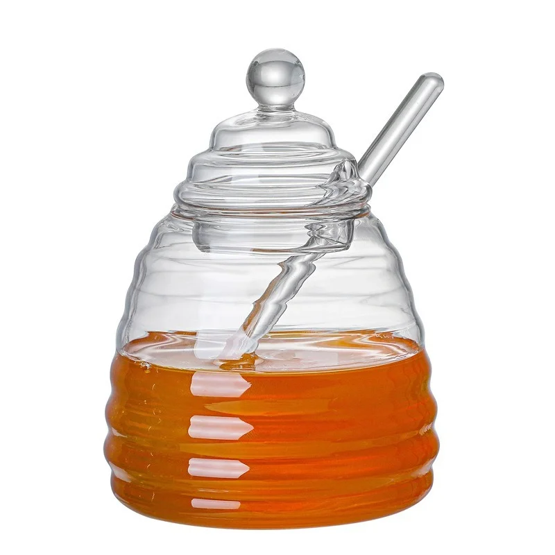 Household Transparent Glass Honey Jar with Lid Glass Stirring Stick Honey Bottle Creative Glass Transparent Jar Glass Container