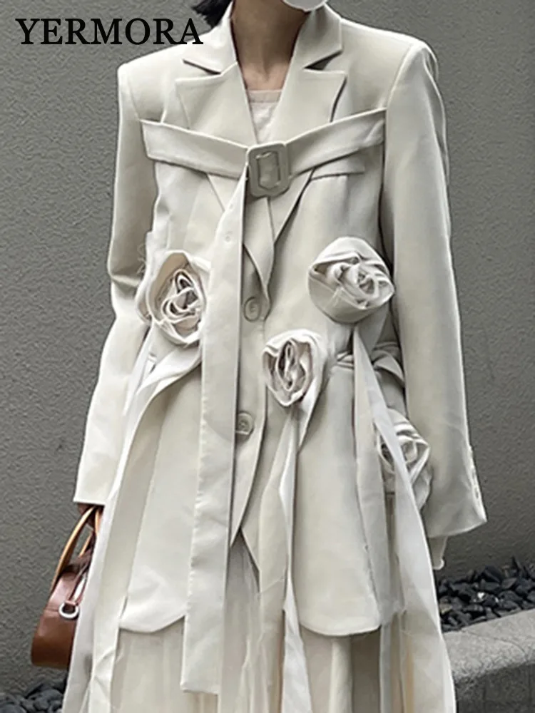 

YERMORA Beige Three-dimensional Flowers Ribbon Blazer For Women Lapel Long Sleeve Loose New Jacket Fashion Spring Autumn 2025