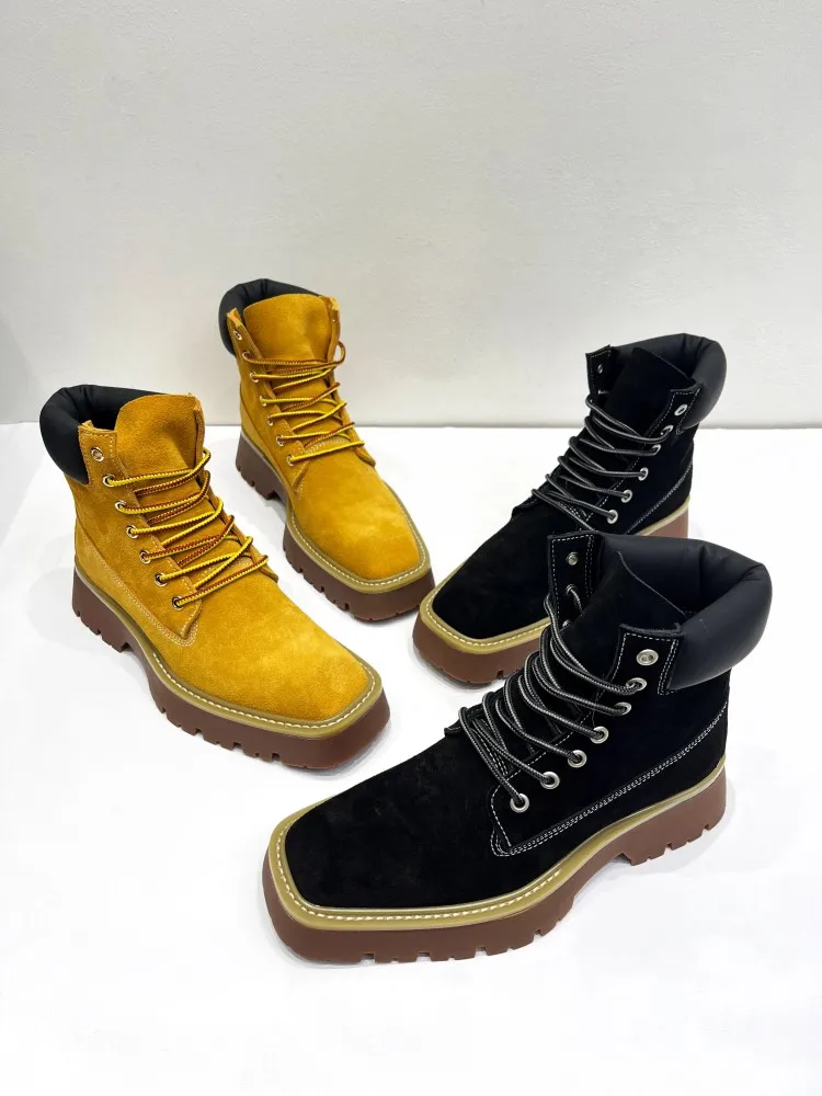 Women Cow Suede Vintage Motorcycle Boots Lace Up Square Toe Genuine Leather Platform High Top Shoes Casual Female Short Boots