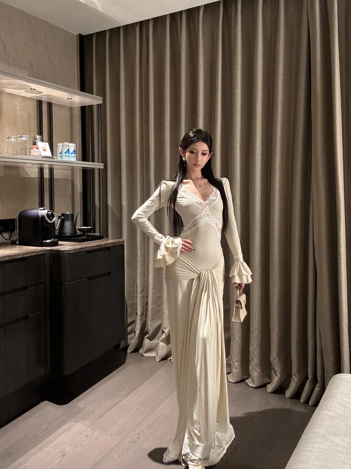 

ChiclyNana Sexy V-Ne Long Sve Dr See-tough Evening Gown Birthday Par Lightweight Formal Dr Polyester Fiber