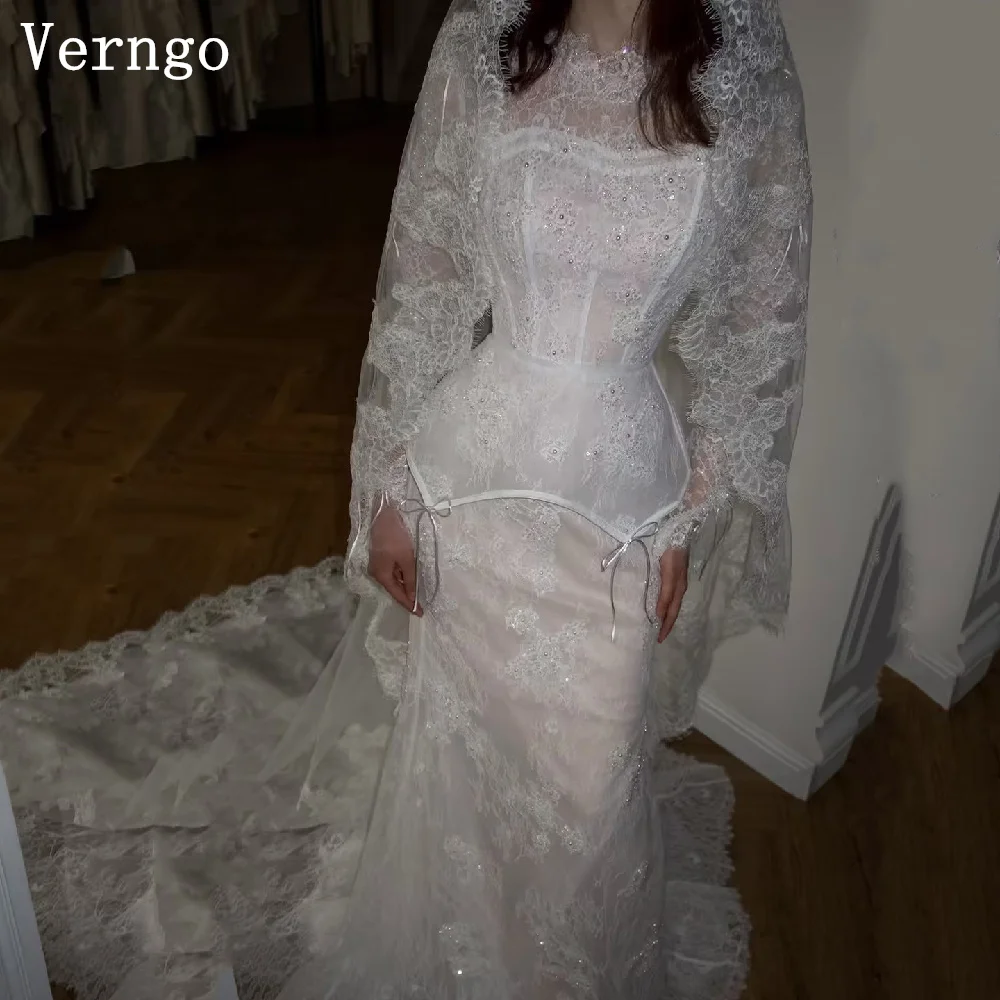 Verngo Modest Luxury Lace Wedding Dress High Neck Full Sleeves Mermaid Bone Bride Dress Sweep Train Prom Bridal Gowns Customized