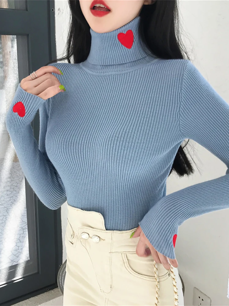 Heart Embroidery Turtleneck Knitted Women Sweaters Pullovers Autumn Winter Basic Sweater Female Soft Warm Tops