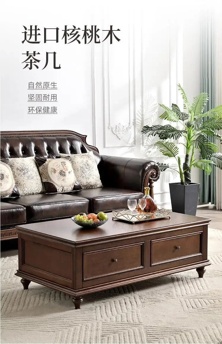 アメリカンカントリー風無垢材コーヒーテーブル、リビングルーム用の古いノスタルジックなアンティークデザイナー製引き出し付きコーヒーテーブル