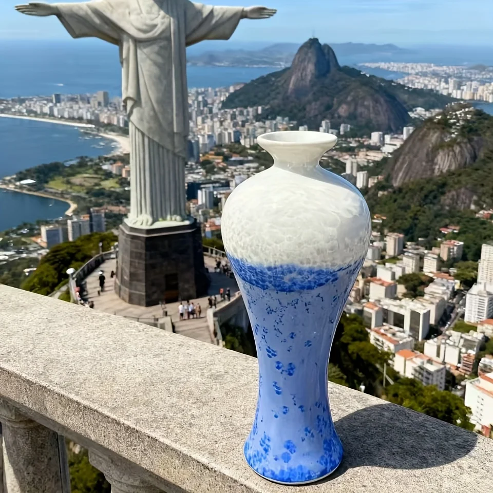Elegant Handmade Ceramic Vase with Blue and White Glaze - Modern Round Home, Office, Wedding Decor | Perfect for Living Room