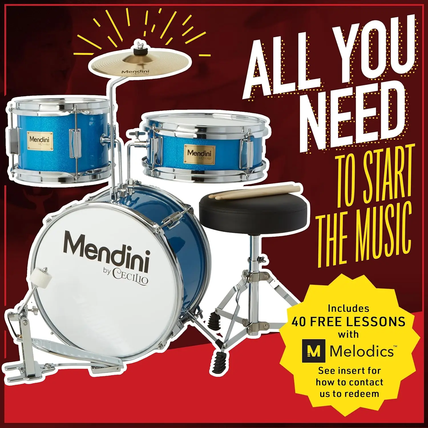 By Kids Drum Set - Junior Kit w/ 4 Drums (Bass, Tom, Snare, Cymbal), Drumsticks, Drum Throne - Beginner Drum Set