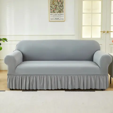 1pc Milk Silk Stretch Solid Color Sofa Cover with Skirt Spandex Corner Sofa Cover for Living Room Non-slip Sofa Slipcover