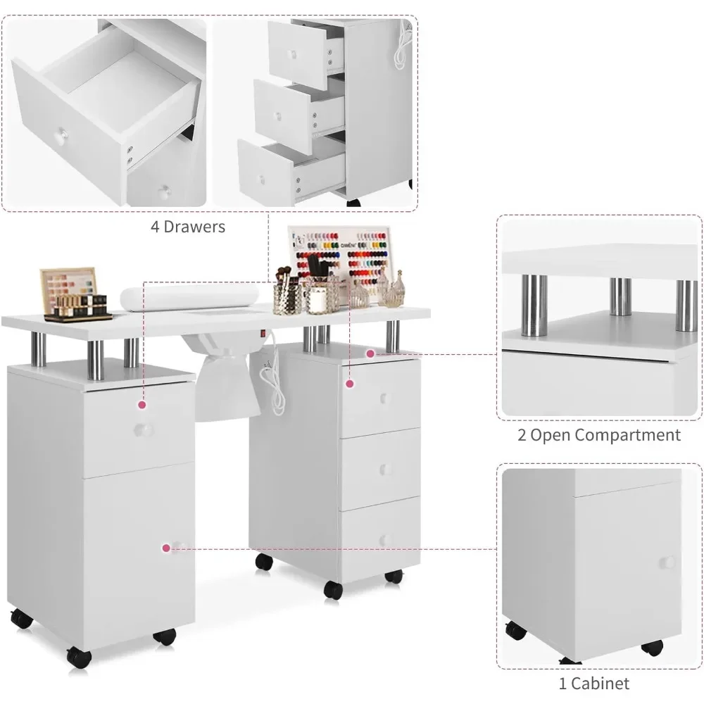 Mesa de manicura Escritorio para uñas para tecnología de uñas, estación de mesa para uñas, colector de polvo eléctrico, almacenamiento de maquillaje de uñas para salón de belleza Acetone