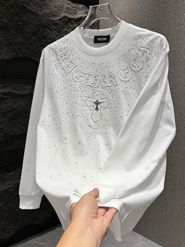 

Heavy Design White Rhinestone Loose Long Sve T-irt Men's round Ne Faionable Trendy Versatile Casual Polyester Fiber