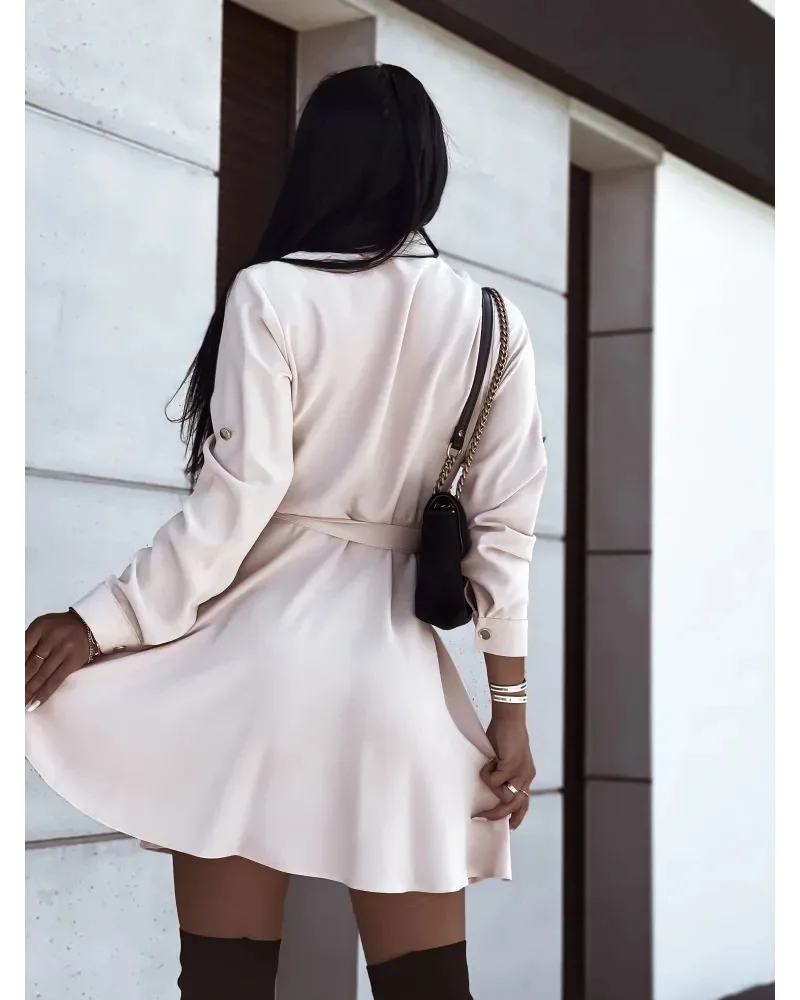Elegant Mini Shirt Dress Woman Spring Autumn Long Sleeve Office Ladies Belt Casual Button Lace Up A-line Streetwear Robe Femme