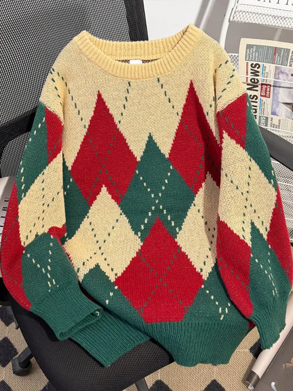 

Вязаный свитер-кардиган унисекс с ромбовидным узором, в стиле лоу-эйр, для пар, верхняя одежда