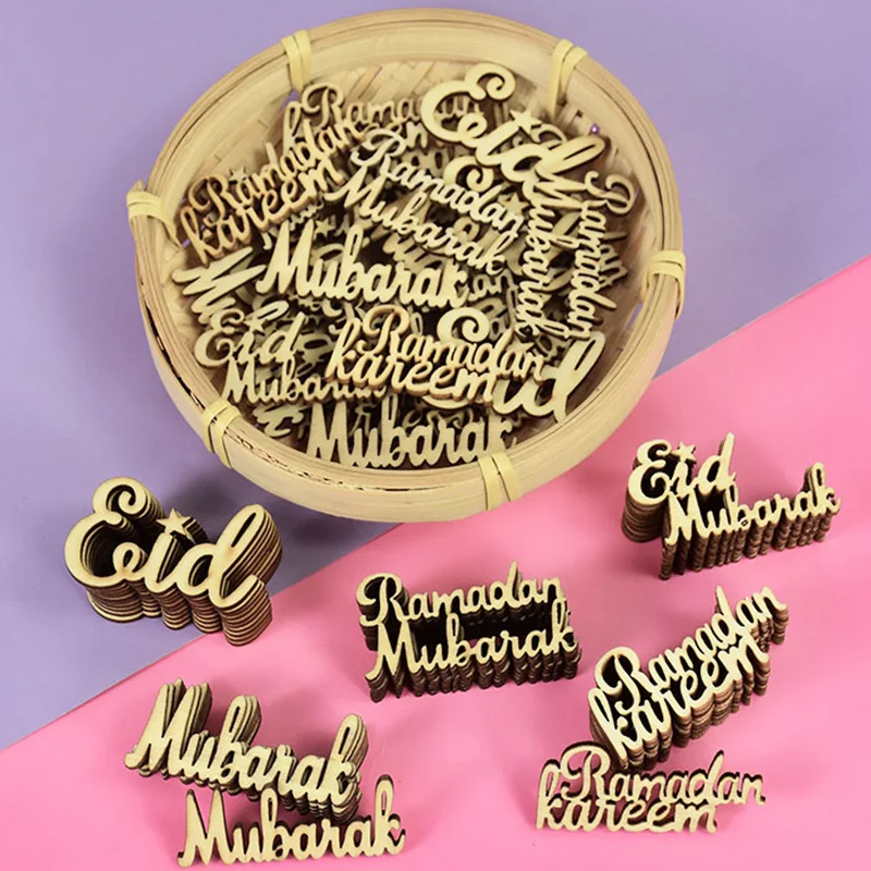 15/30/60pcs Wooden Letter Eid Mubarak Ramadan Kareem Wood Slices For Islam Muslim Festival Party Supplies 2024 Eid Al-Fitr Deco