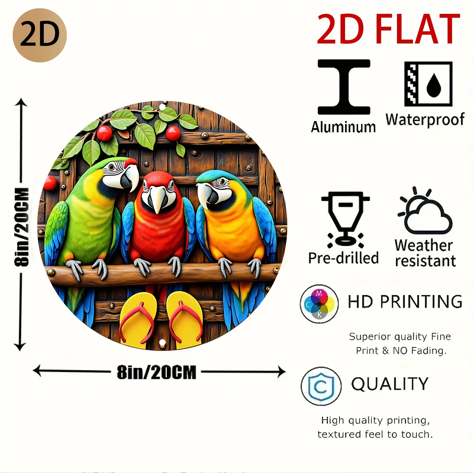 HD Tin Sign, 3D Effect Colorful Parrot Macaw Round Metal Wall Art, Tropical Bird Home Decor