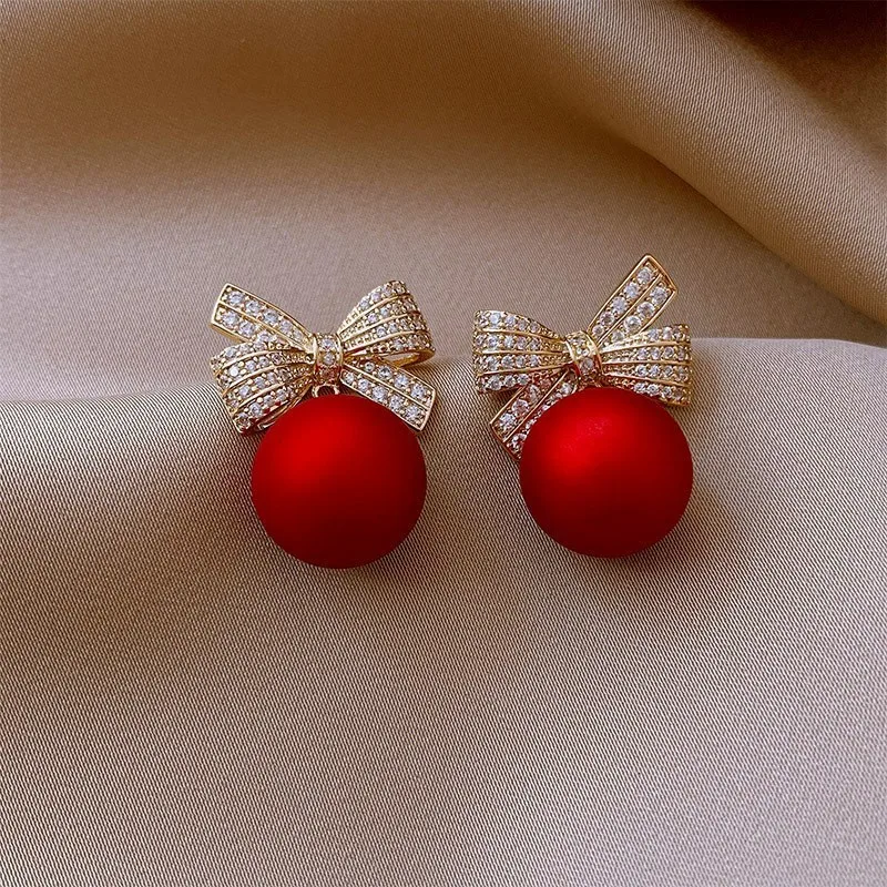 Elegant Red Pearl BowKnot Stud Earrings for Women Girl Christmas Jewelry Sweet Heart Ball Crystal Drop Piercing Xmas Party Gift