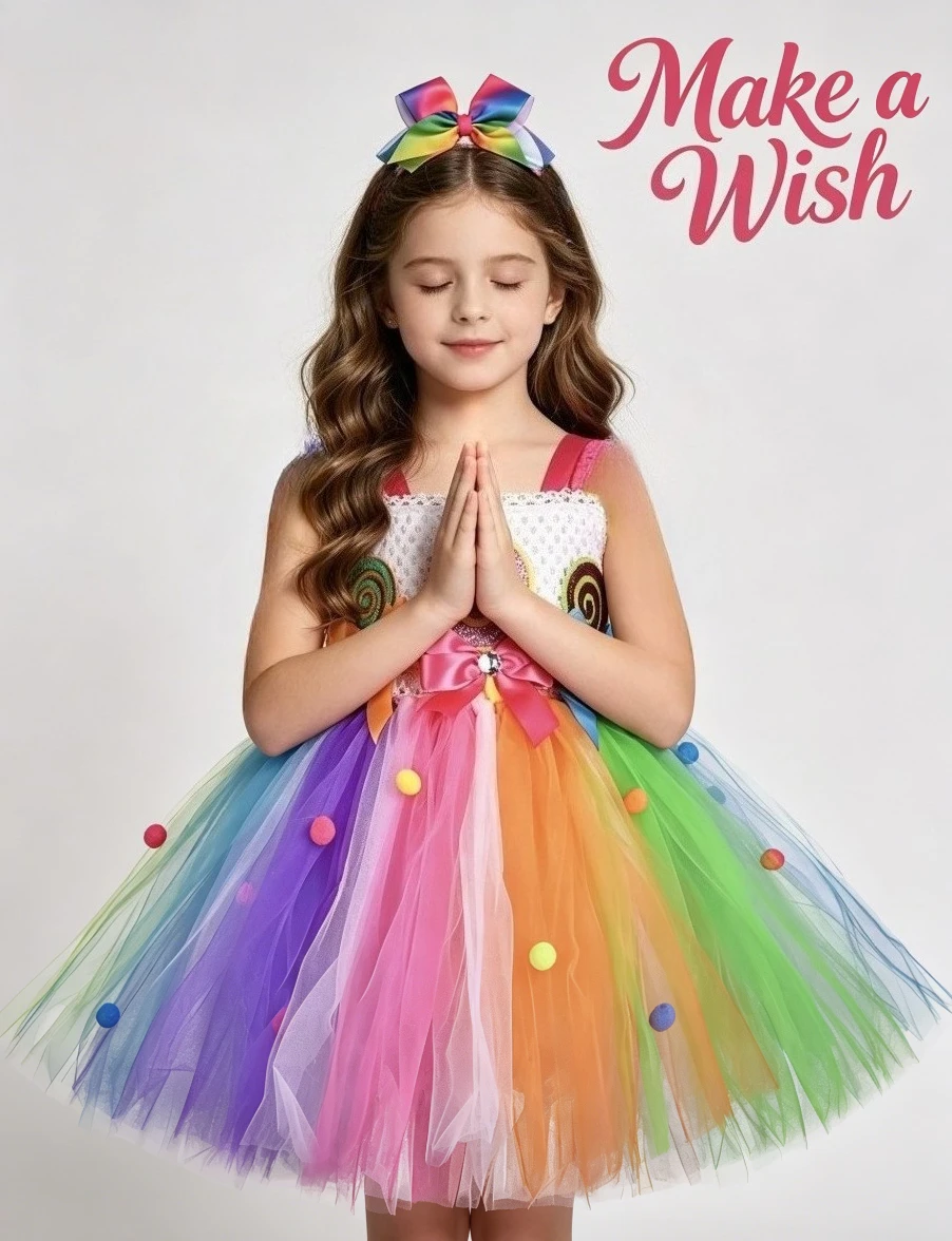 Rainbow Candy Lollipop With Headband for Girls Birthday Party Mesh Tutu Dress Kids Carnival Christmas Halloween Festival Clothes
