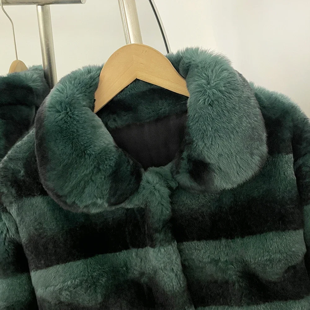 OFTBUY Neue Retro-Luxus-Winterkleidung Oberbekleidung Damen Kurze Echte Kaninchenfell-Jacke Kaltwetter-Mode Gestreifter Pelzmantel Damen – Detail 4
