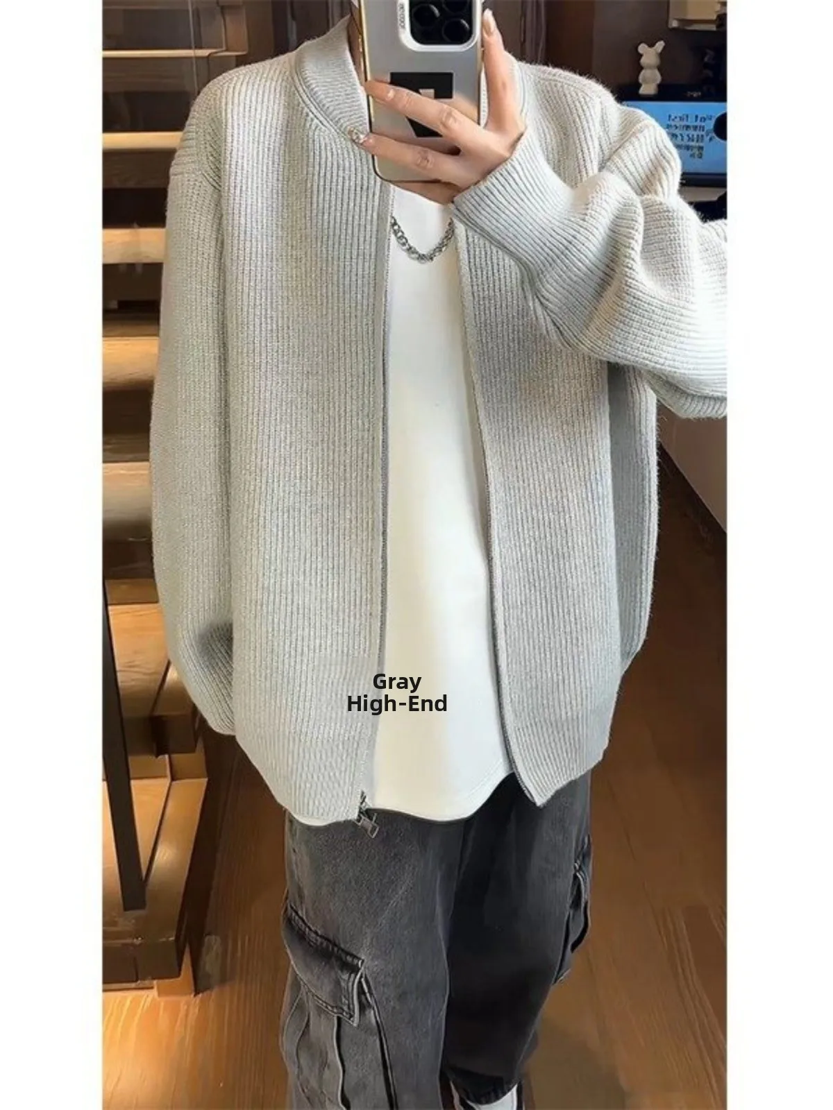 

Серый вязаный спортивный свитер-кардиган мужской, осенне-зимний, в стиле кэжуал, модный брендовый, высококачественный, утепленный, американский фасон