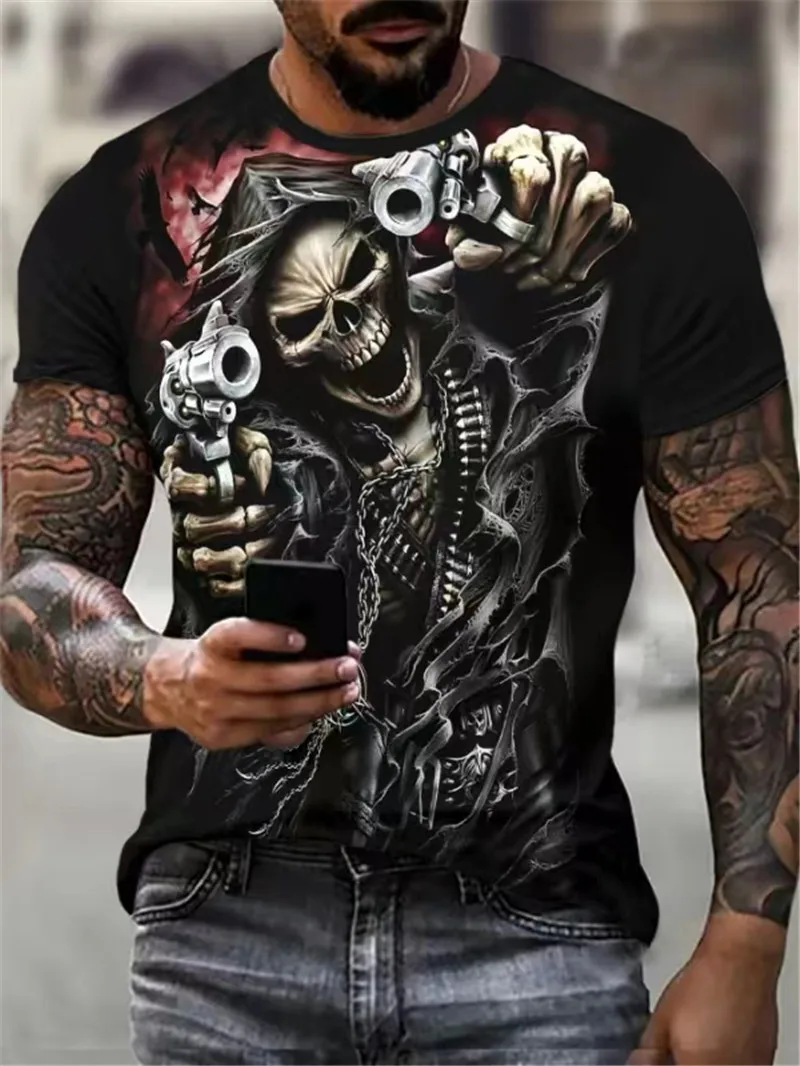 الرجال الجماجم الجرافيك الاتجاه تي شيرت قصيرة الأكمام ثلاثية الأبعاد الهيكل العظمي المطبوعة الشارع الذكور تي شيرت الصيف س الرقبة ملابس علوية من القطن عادية كبيرة