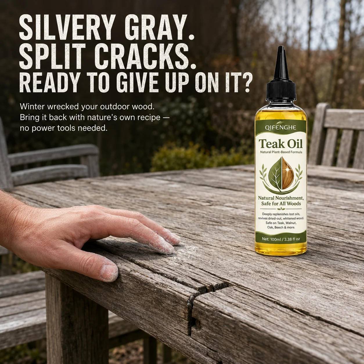 100ml Teak Oil for Wood Furniture, Natural Plant-Based Restorer, Nourishes & Shines Teak Walnut Oak, Anti-Crack, Precision Nozzl