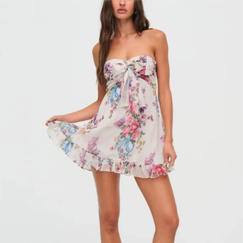 2025 Summer French Style Chiffon Mini Dress Women's Elegant Floral Print Backless Short Dresses Casual Streetwear Boho Vacation