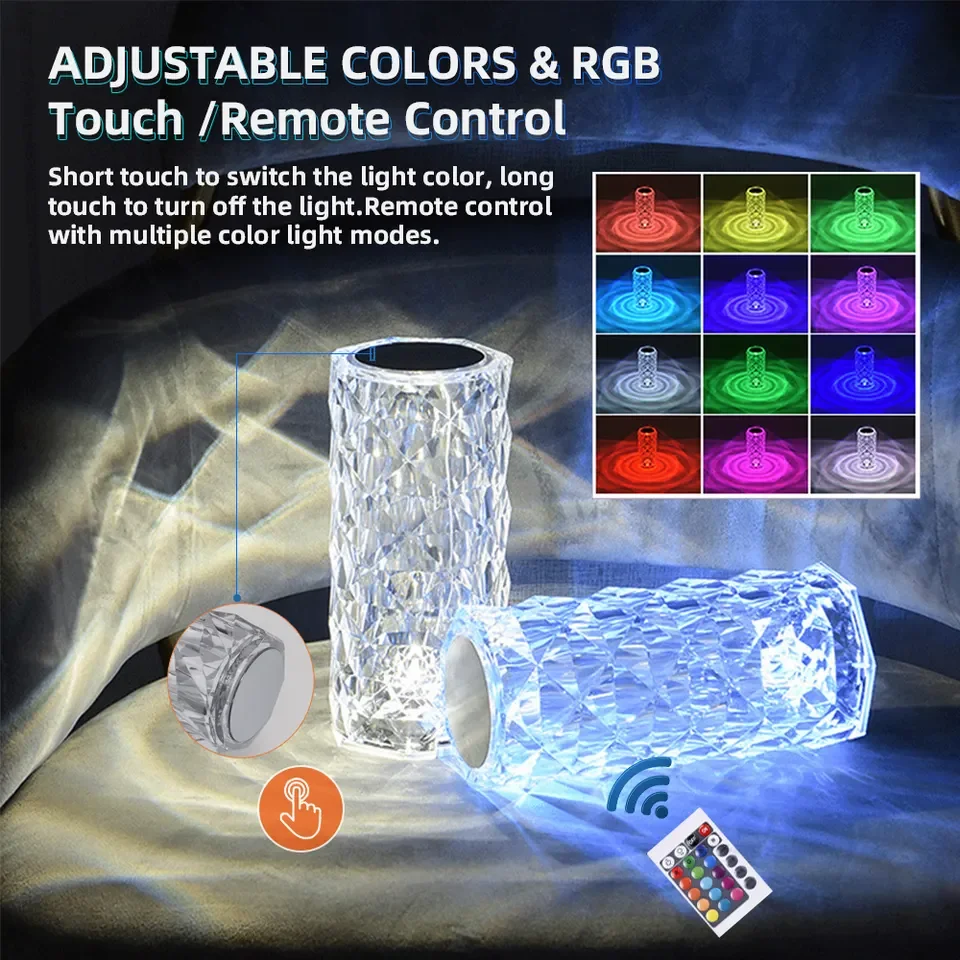 16 Colors LED Crystal Table Lamp Diamond Night Light Projector Rose Romantic Party Room Nightlight with RGB Controller SONG MAN