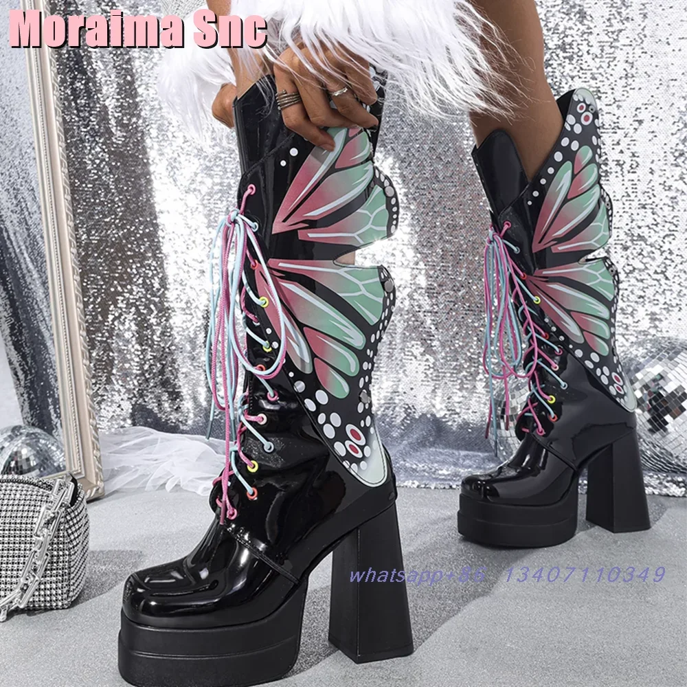

Butterfly Wings Decor Lace-up Knee High Boots Platform Block High Heel Square Toe Back Zipper Patent Leather 2024 New Women Boot