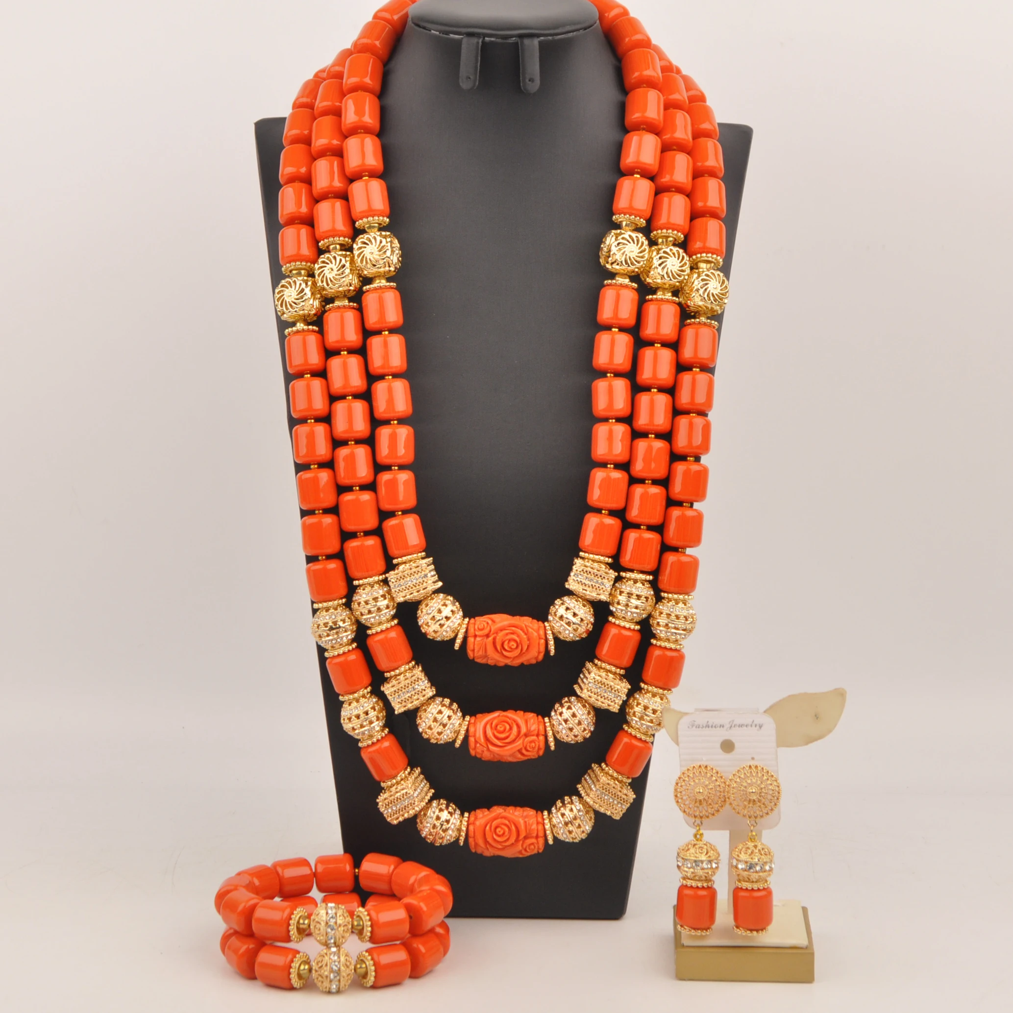 Orange Artificial Coral Necklace, Nigerian Wedding African Beads Jewelry Set