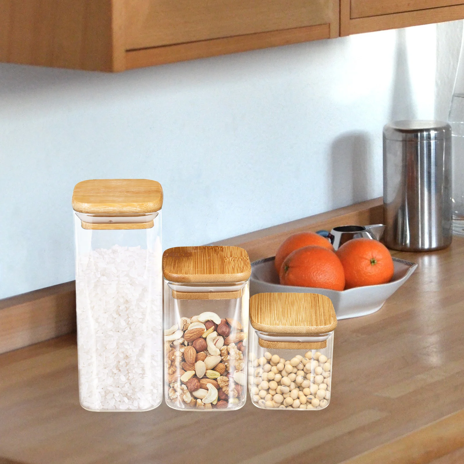 

3pcs Glass Storage Jar Bamboo Lid Containers Sealing Canister Kitchen Pantry Food Dry Moisture Proof Storage Bottle