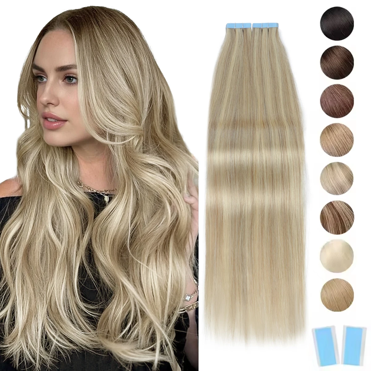 MRSHAIR Tape in Hair Extensions Human Hair Blonde Seamless Tape Hair Extensions 4x0.8cm Skin Weft PU Tape On Hair 20PCS 12