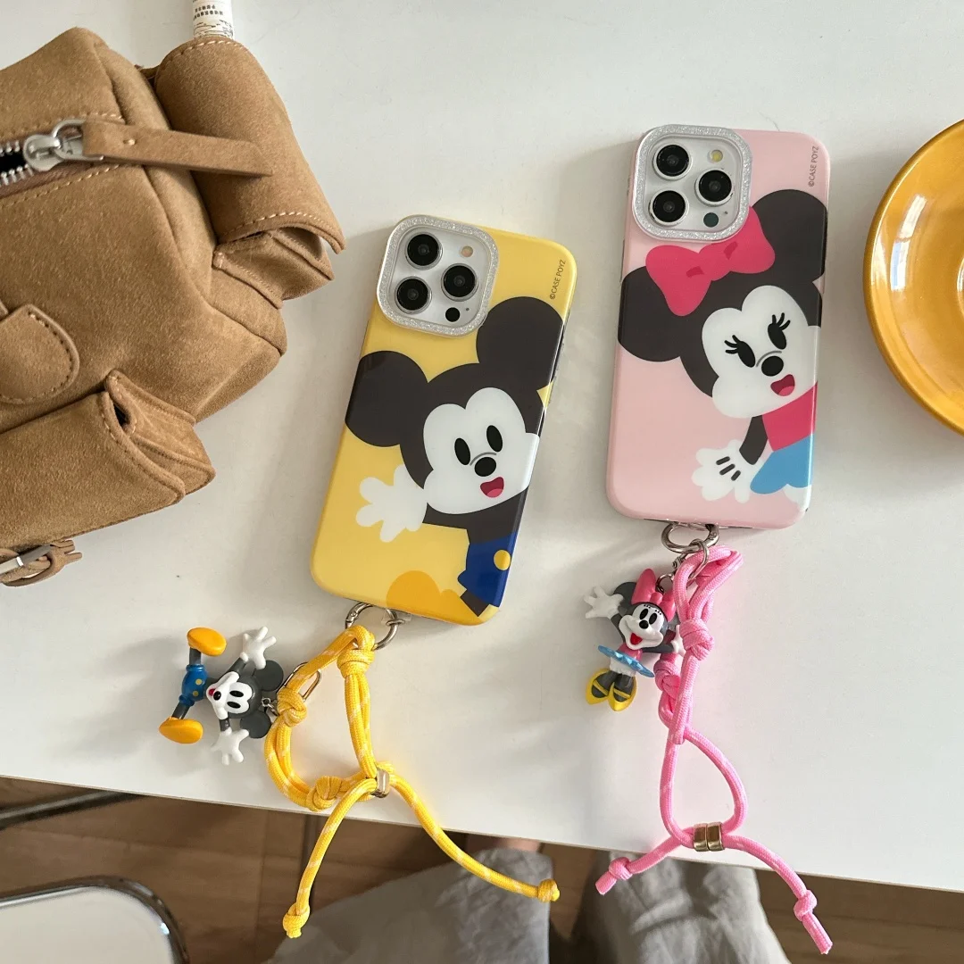 

Cartoon Mickey Minnie Mouse Couple KeyChain Wrist strap Phone Case For iPhone 16 15 14 13 Pro Max Matte Back Cover﻿﻿﻿﻿