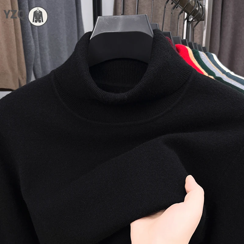 เสื้อสเวตเตอร์คอเต่าผู้ชายทรงเข้ารูป ผ้าถักคุณภาพสูง ป้องกันขนร่วง แขนยาว สีพื้น สำหรับฤดูใบไม้ร่วง สไตล์สตรีทแวร์