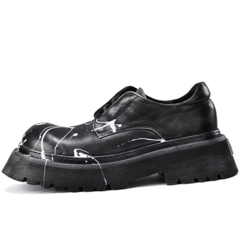 British Hand Drawn Graffiti Derby Shoes for Men's Lightweight Thick Bottom Height Increasing Shoes Genuine Leather Casual Shoes