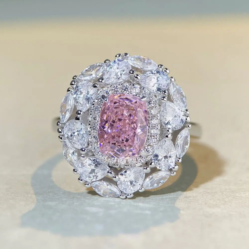 

S925 Pure Silver Pink Diamond Ring, Women's Large Stamen Full Diamond European and American Ring, Luxurious Setting Full