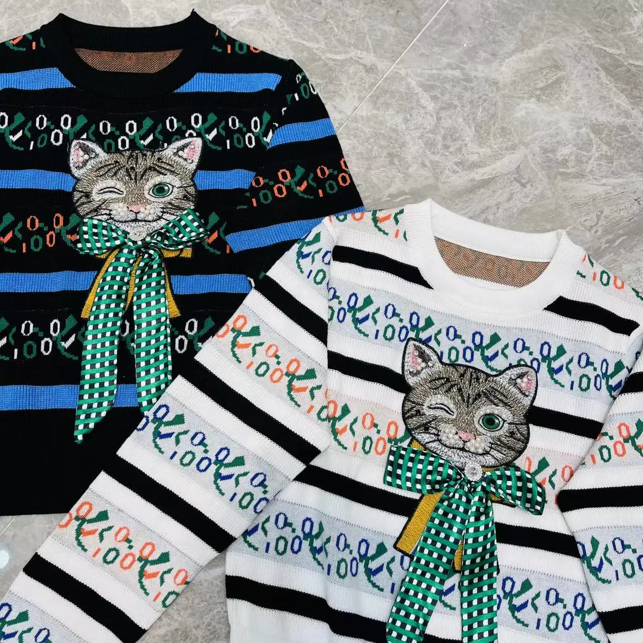 Cat Embroidered Beaded Stylish Sweater Tops Women Jacquard Striped Long Sleeve Pullovers 2024 Spring Vintage Elegant Jumpers