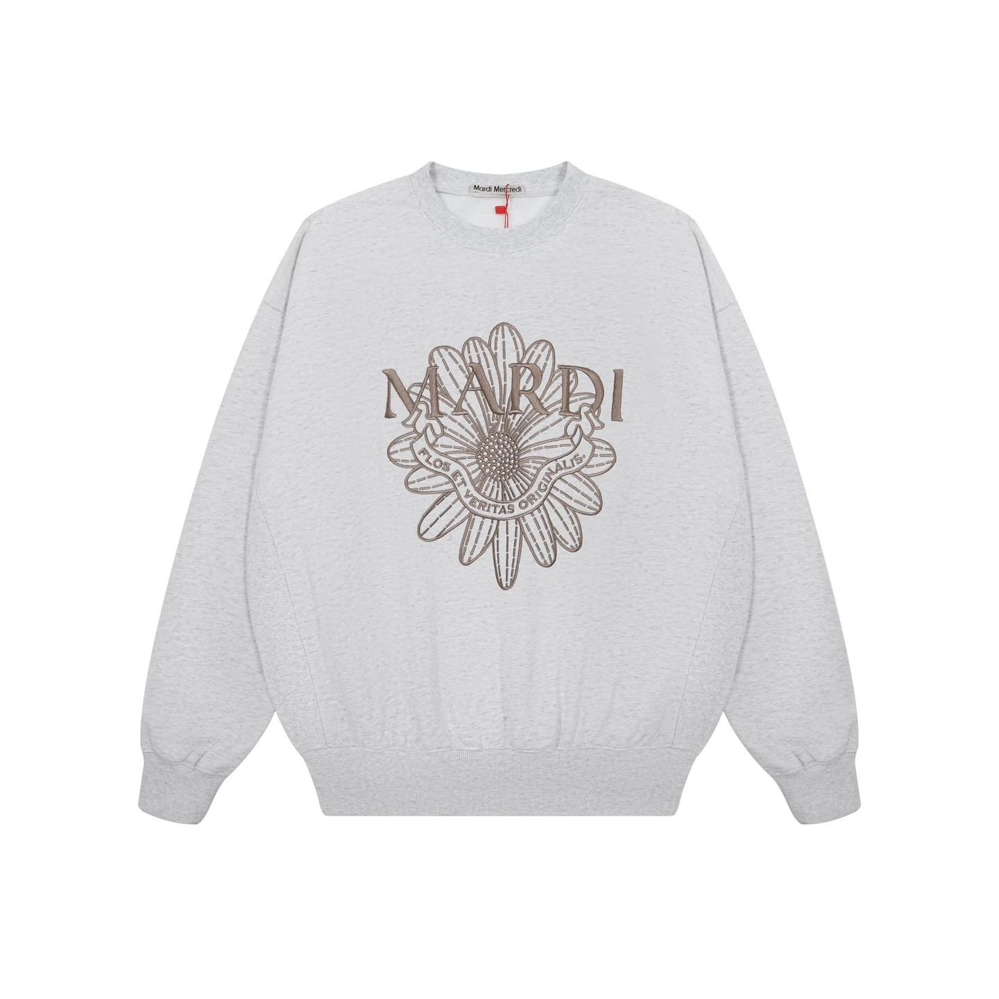 Mardi Mercredi Women Long Sleeve Top Daisy Badge Satin Embroidered Preppy Crewneck Pullover Sweatshirt for Daily Outings Wear