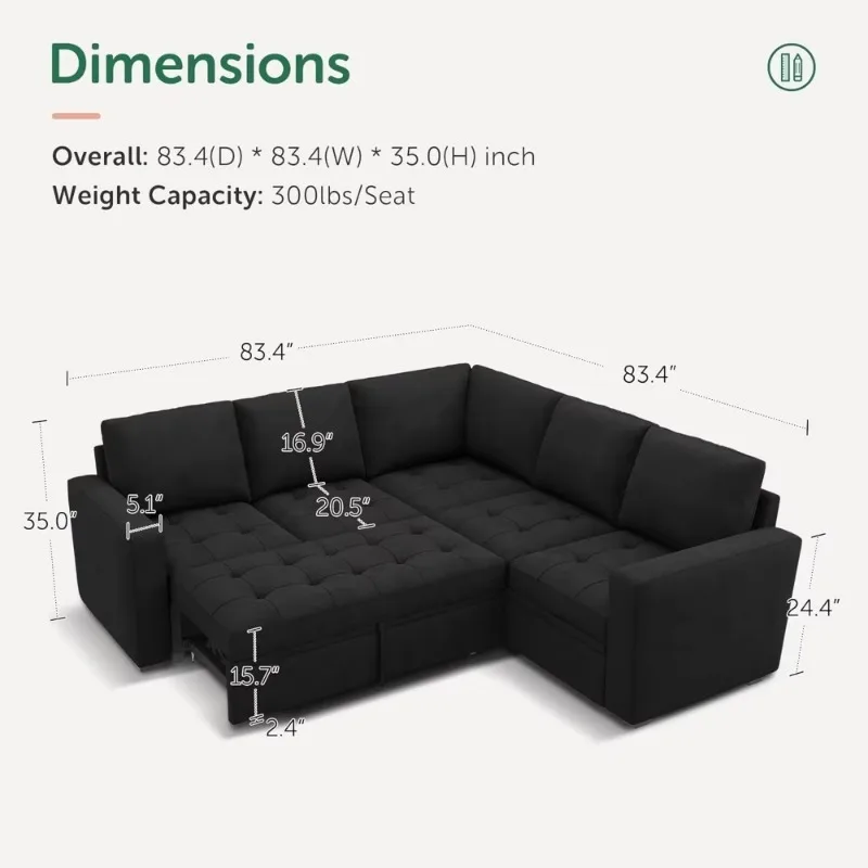 Modular Sectional Sleeper Sofa with Pull Out Bed, Velvet Convertible L Shaped Sectional Couch with Storage Seat