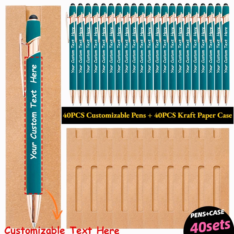 40 sets aanpasbare metalen balpennen set kraftpapier etui gegraveerd met namen bedrijfswebsites voor verjaardagscadeaus