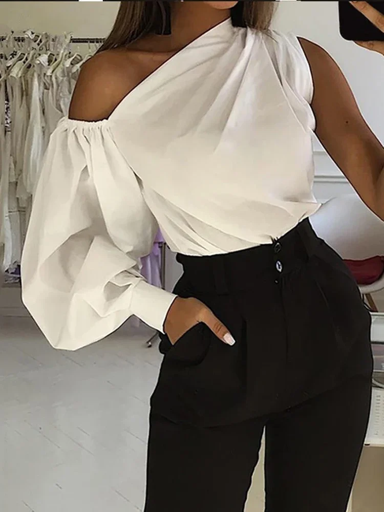 

Elegant Blouses Women Summer Off Shoulder Blusas Female Fashion Lantern Long Sleeve Shirts One Shoulder Tops S-5XL