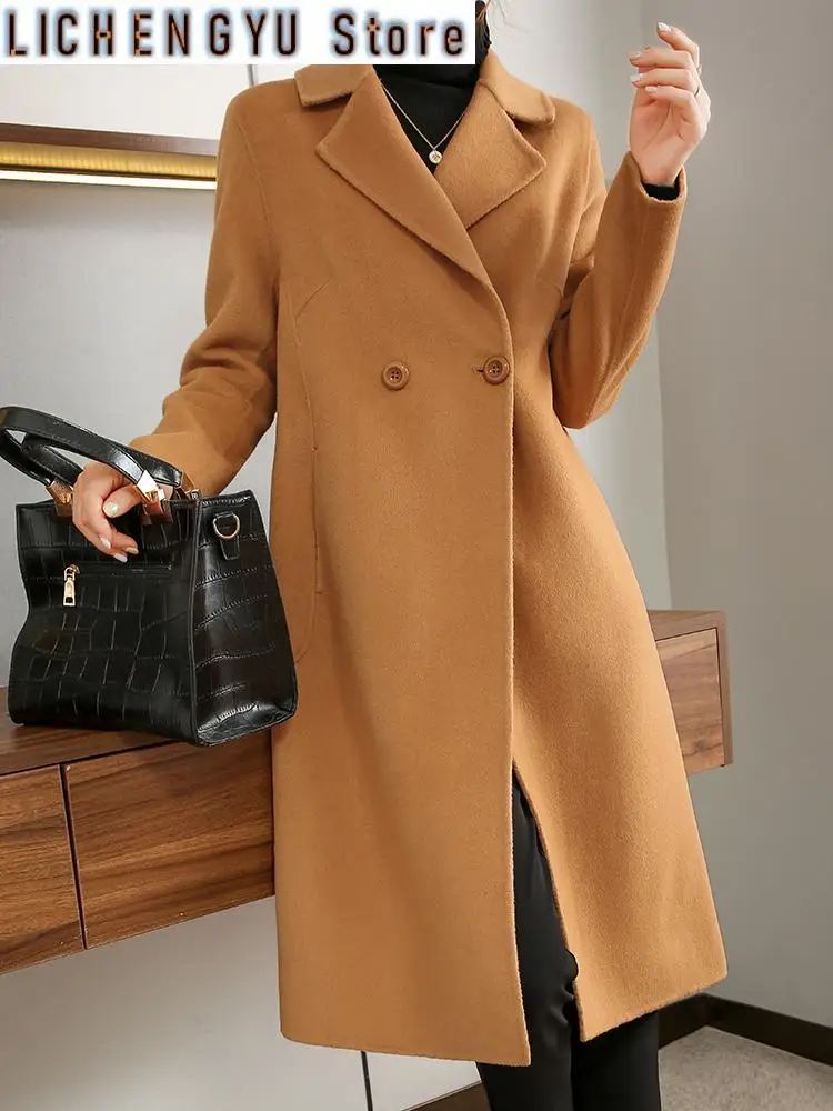 New Autumn and Winter Women's Coat Double-Sided Woolen Pure Wool Unlined Long Gown Belt Lace-up Fashion Trendy Women's Coat