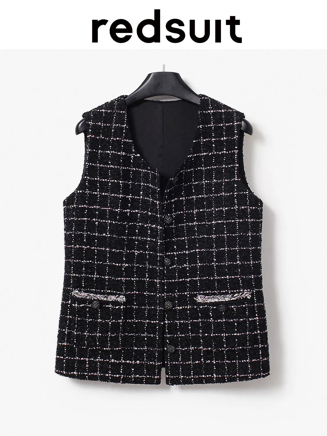 New Elegant and fashionable pink and black houndstooth vest+minimalist shorts set