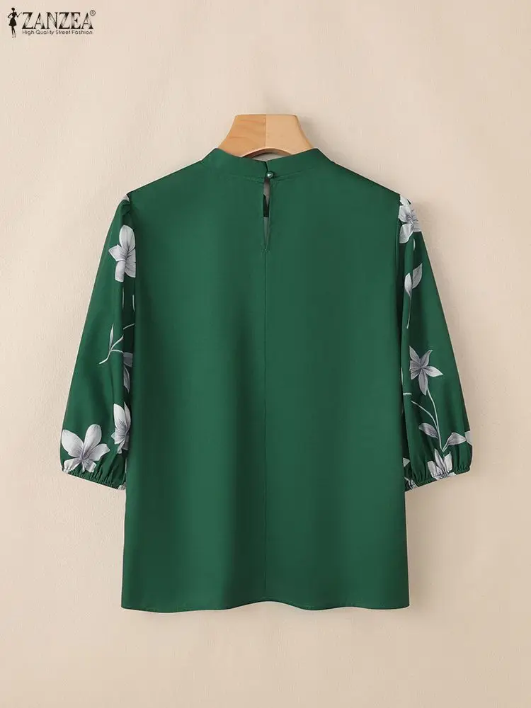 ZANZEA-Blusas verdes elegantes para mujer, Tops de media manga con estampado Floral y cuello levantado a la moda, ropa para mujer S-3XL 2026
