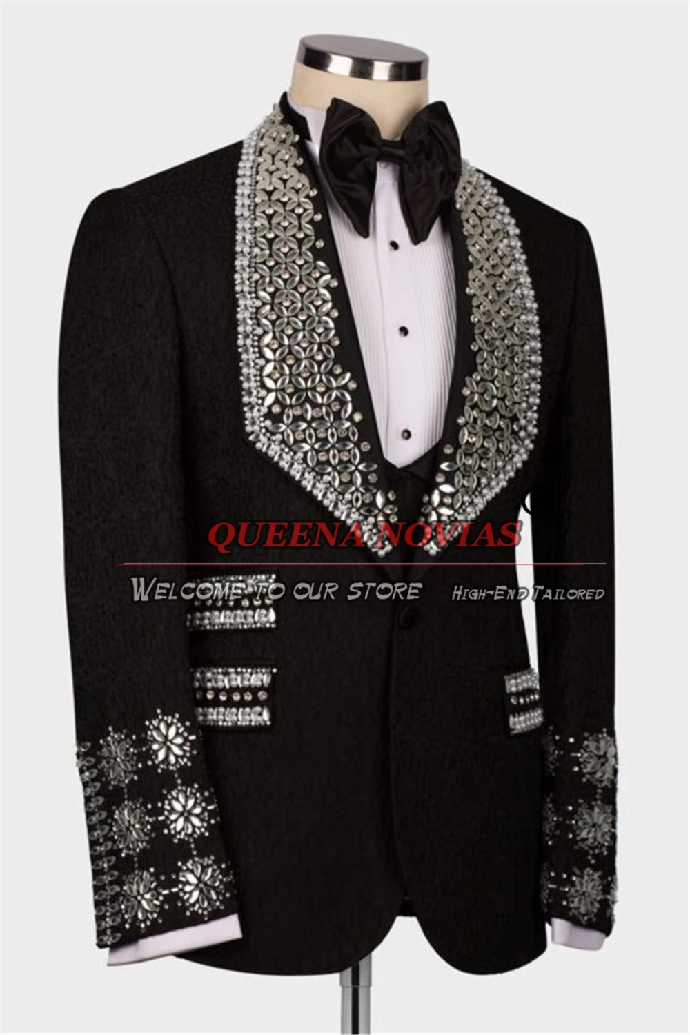 Exquisite Groom Wedding Suits Fit Slim Handmade Custom Design Tuxedo Crystal Beading Lapel Jacket Vest Pants 3 Piece Man Clothes