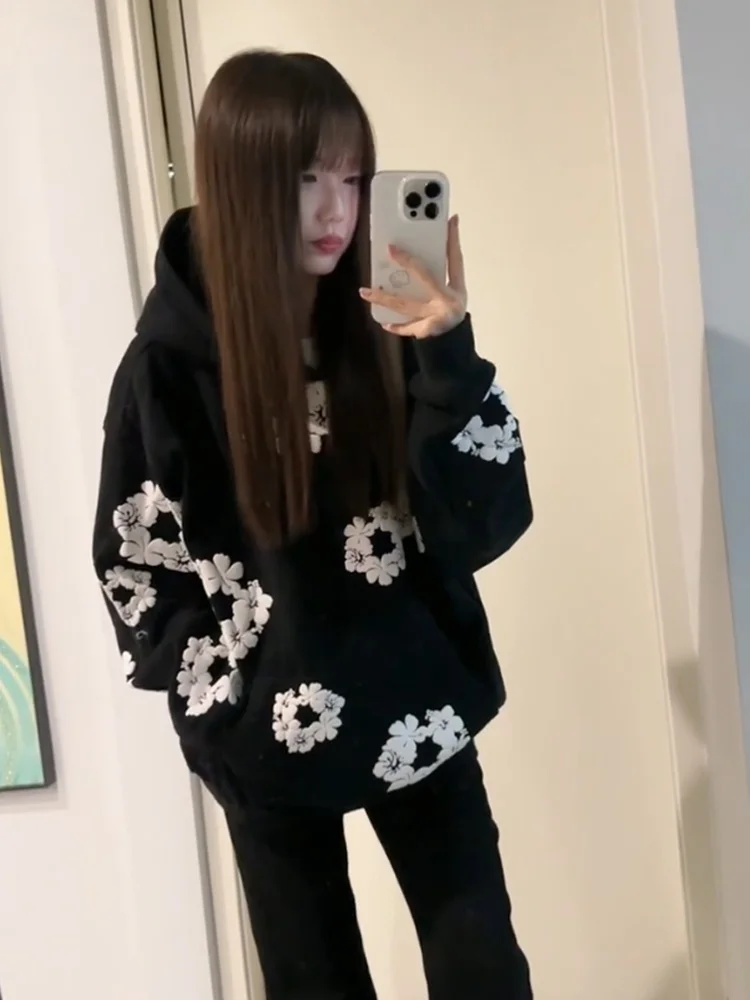 Moletom feminino solto com capuz floral fong estampa casual rua sle casaco outono inverno design sentido casal preguiçoso sle jaet