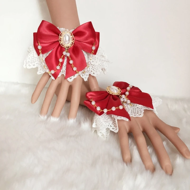 Japanese Sweet Hand Wrist Cuffs Double Layer Floral Lace Bowknot Bracelet Wristband Imitation Pearl Chain Jewelry Maid