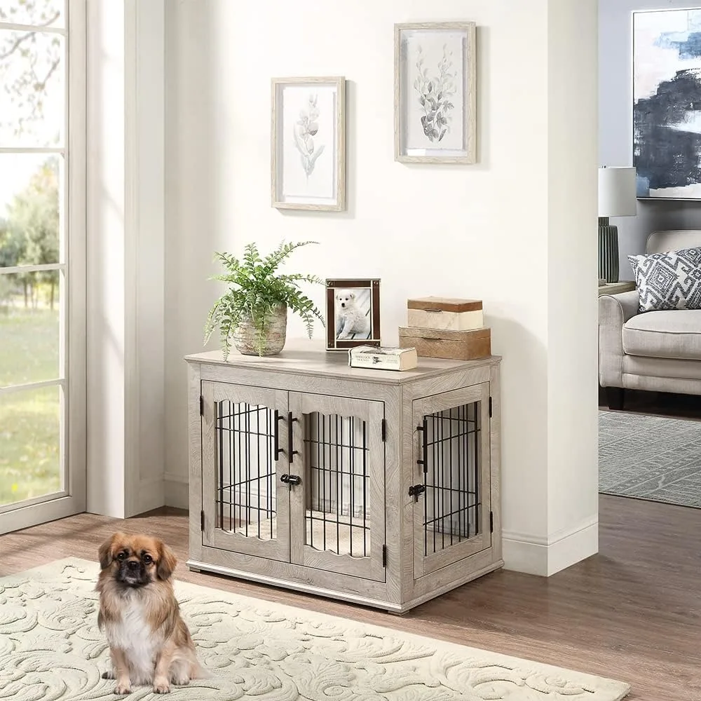 Furniture Style Dog Crate End Table - Double Doors Wooden Wire Dog Kennel with Pet Bed | Decorative Pet Crate Dog House