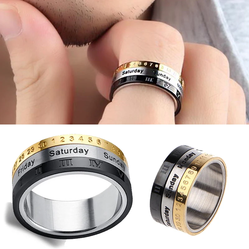 Titanium Steel Cool Punk Spinner Male Date Time Calendar Creative Rotatable 3 Part Roman Numerals Ring Mens Anxiety Fidget Rings