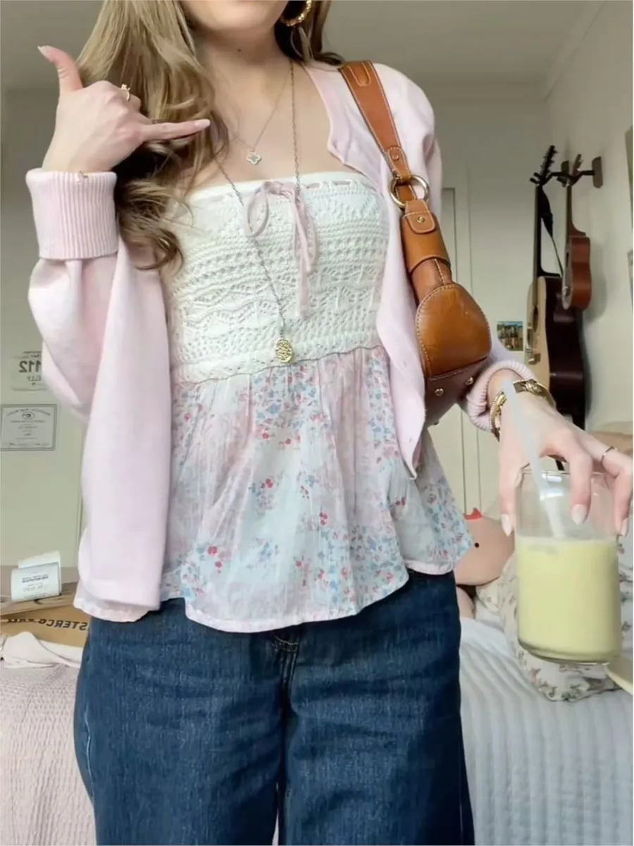 Floral sexy malha retalhos tubo topos mulher rendas sem alças bainha magro recortado camisola feminina streetwear doce topo de colheita y2k