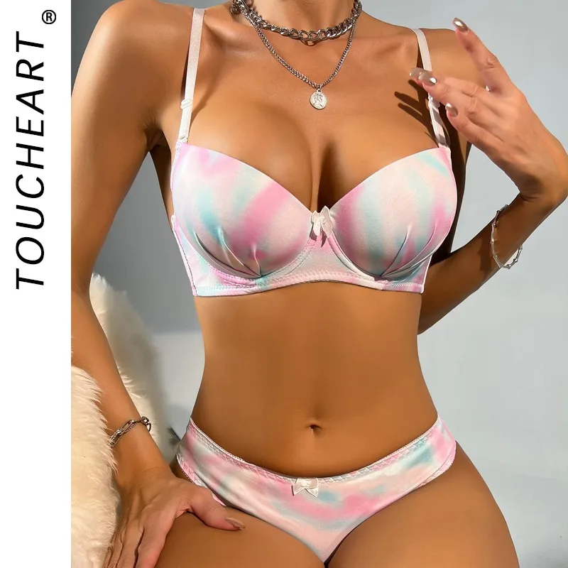 

Toucheart Sexy Lingerie Suit for Women Bow Knot Patchwork Printing Underwear Sexy Bra Set Thin Cup Colorful Lingerie Suit New